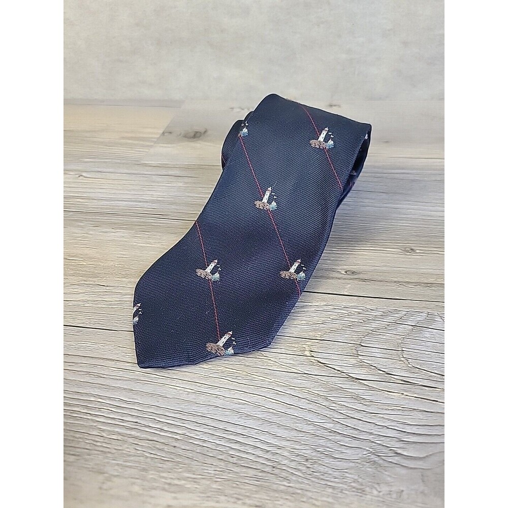 Vintage Alynn Neckwear Tie Navy Blue With  Lighthouses & Red Pinstripe‎ 1982